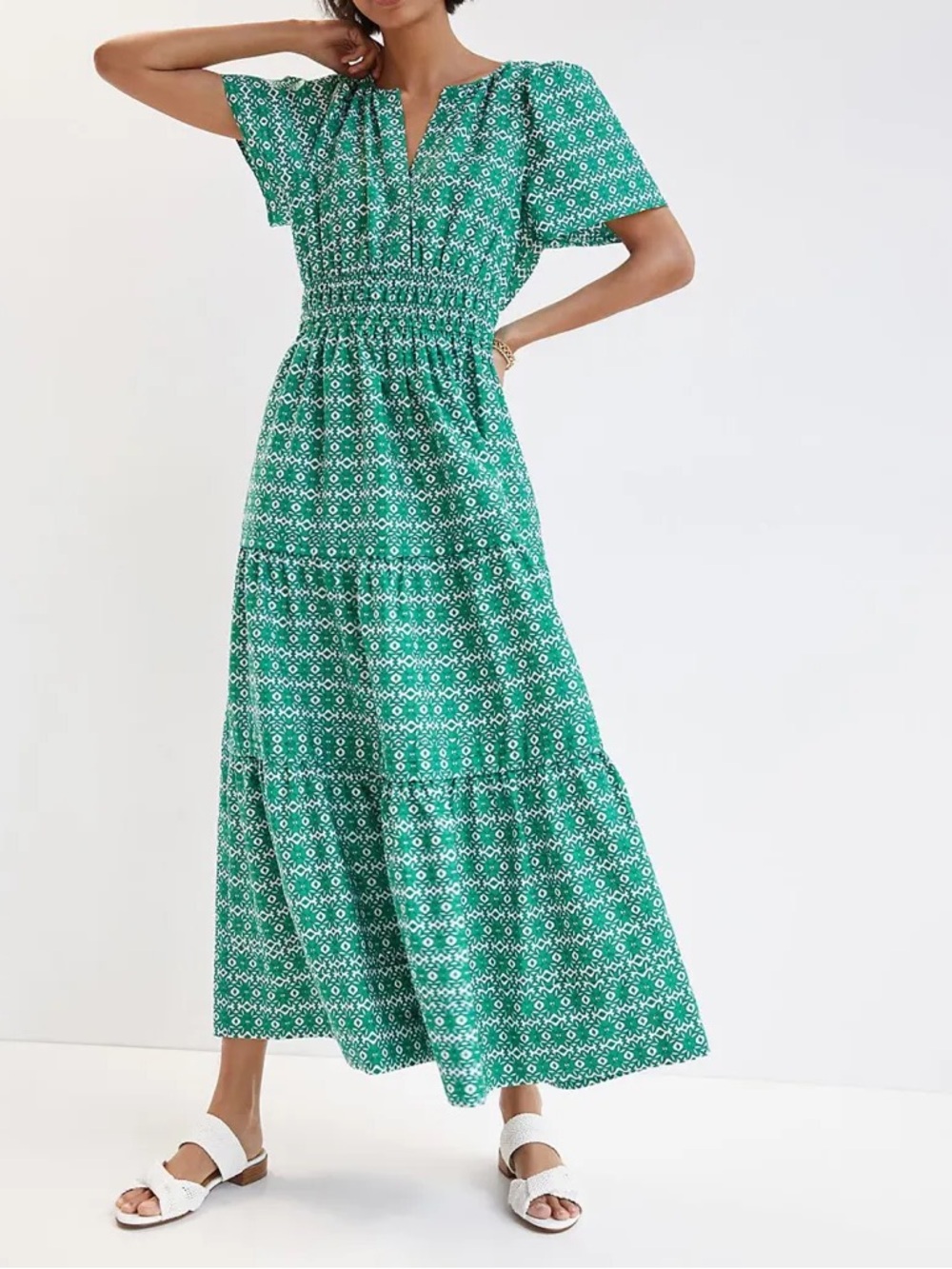 Anthropologie Somerset Maxi Dress Green White Tile Print Cotton Midi Small